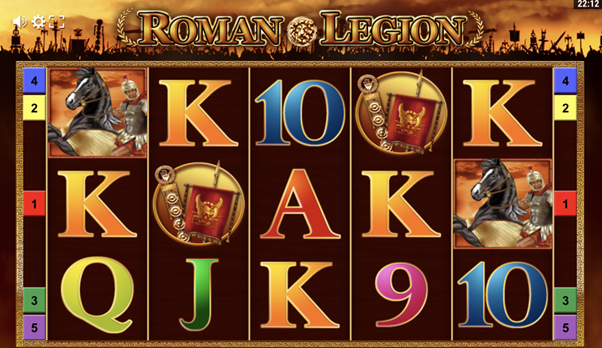 Roman Legion Slot Spieloberfl&auml;che mit antiken r&ouml;mischen Legion&auml;ren und Symbolen